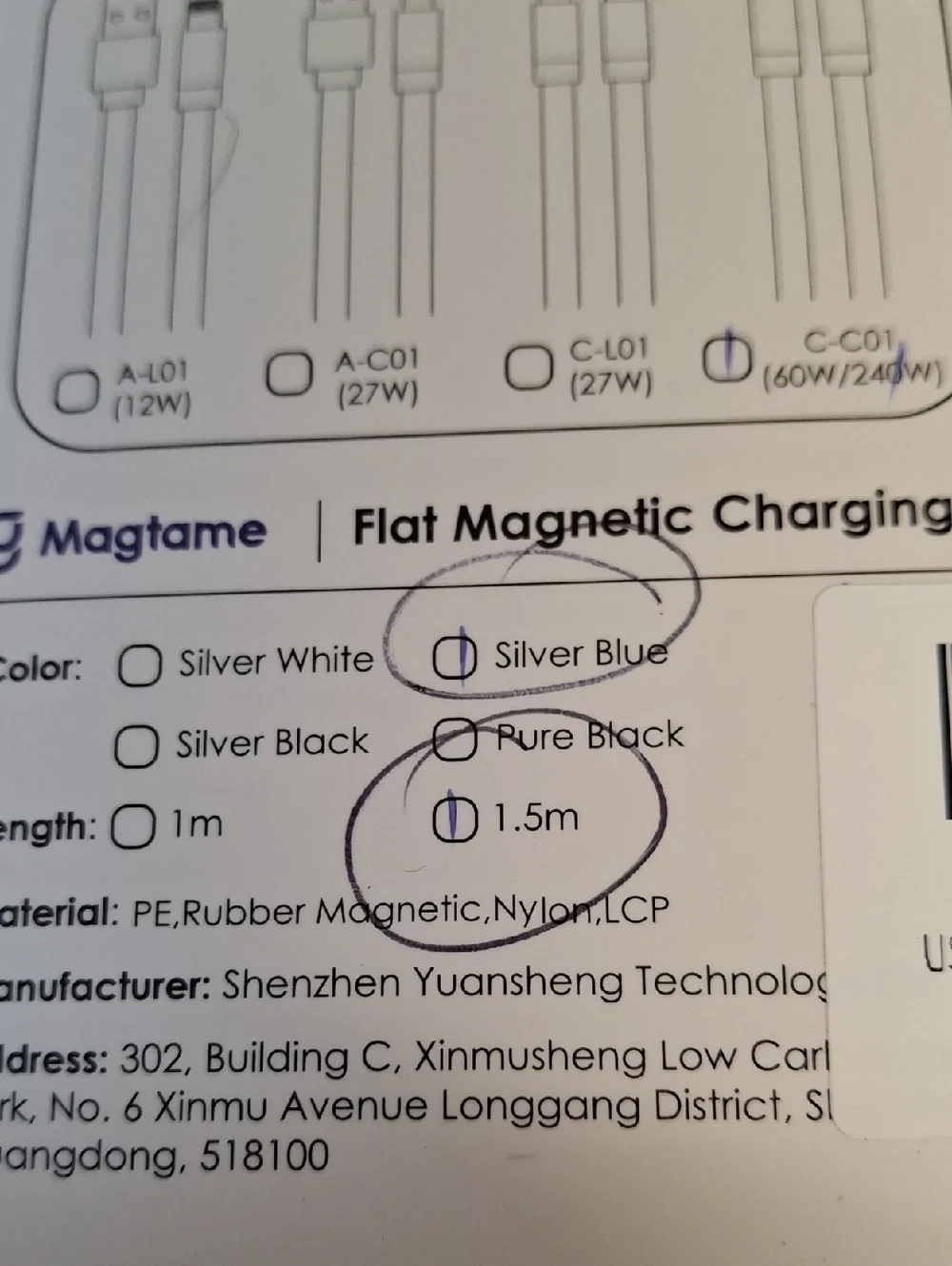 MagTame USB-C Magnetic Charging Cable with Data Transfer New 1.5m Silver Blue